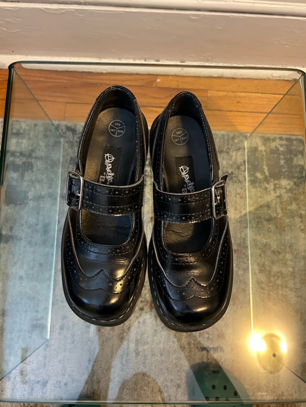 T.U.K. Black Mary Jane Brogue Strap Shoes